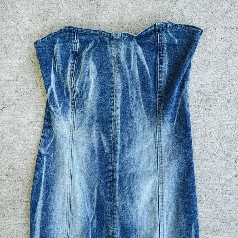 AKIRA Long Sexy Strapless Stone Washed Mermaid Denim Dress w/ Front Slit 0/XS - Picture 3 of 6